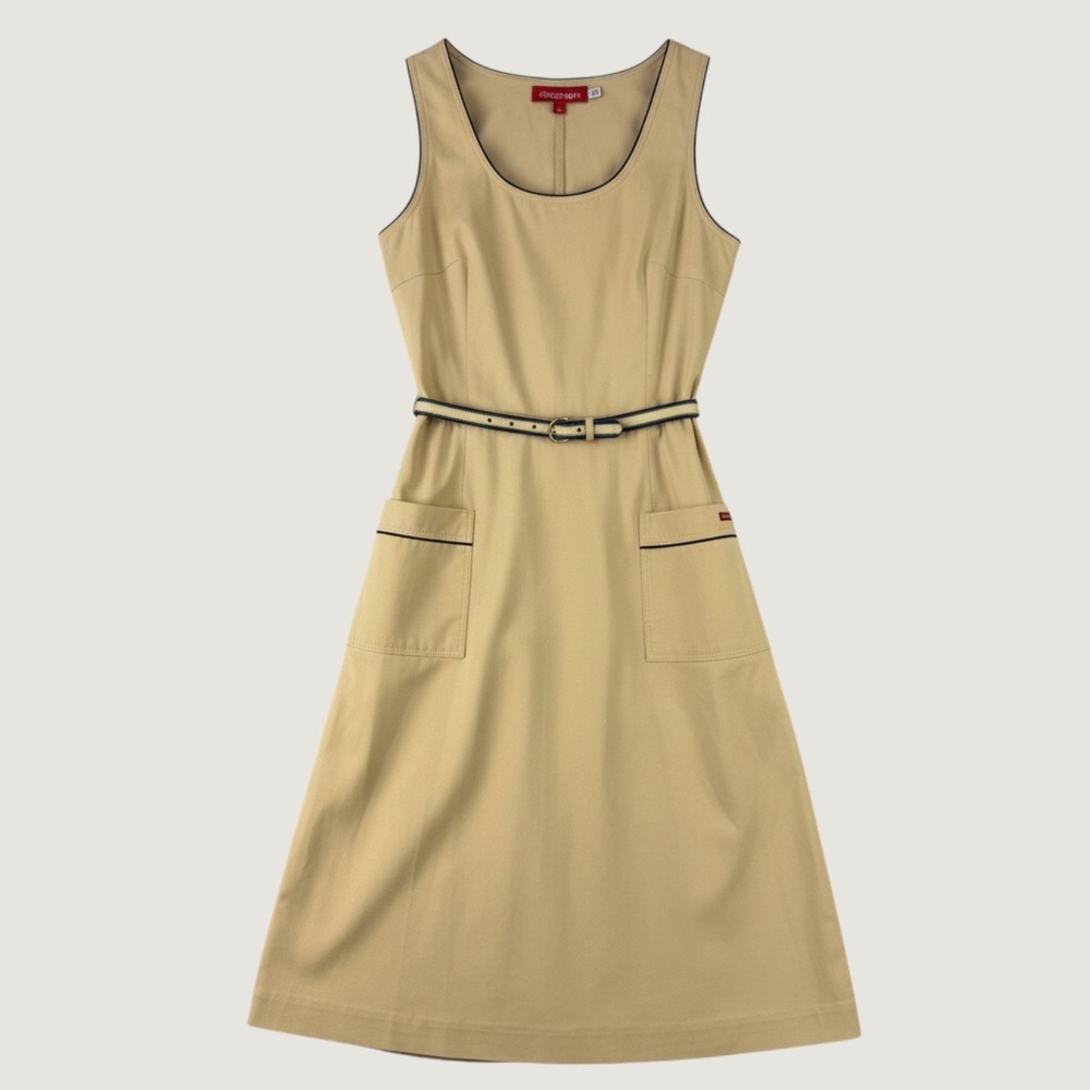 Sasson Vintage Belted Midi Dress Women 10/11 Tan Sleeveless Scoop Neck 70s Mod
